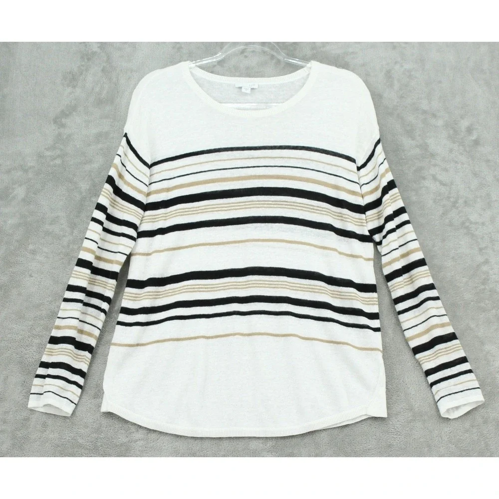 J Jill Sweater‎ Womens Medium Linen Blend Striped Lightweight Knit Preppy White